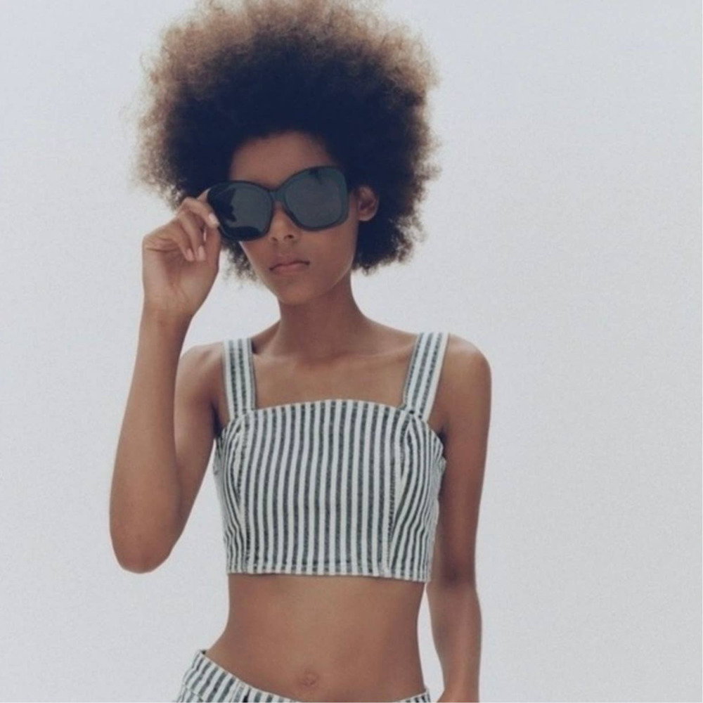 Zara Striped Denim Crop Top Womens XL Blue White NWT Sleeveless Tank